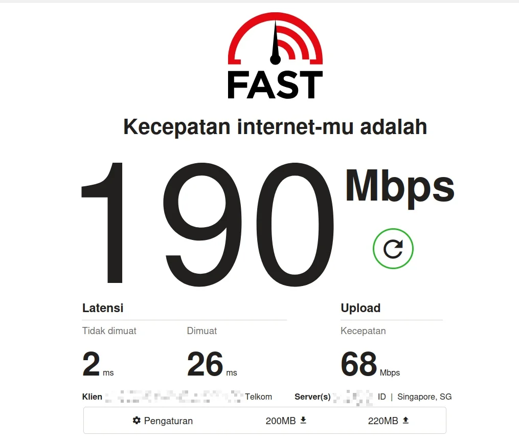 Tampilan pengujian kecepatan internet pada FAST.com oleh Netflix