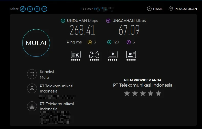 Hasil pengujian koneksi internet pada Speedtest by Ookla