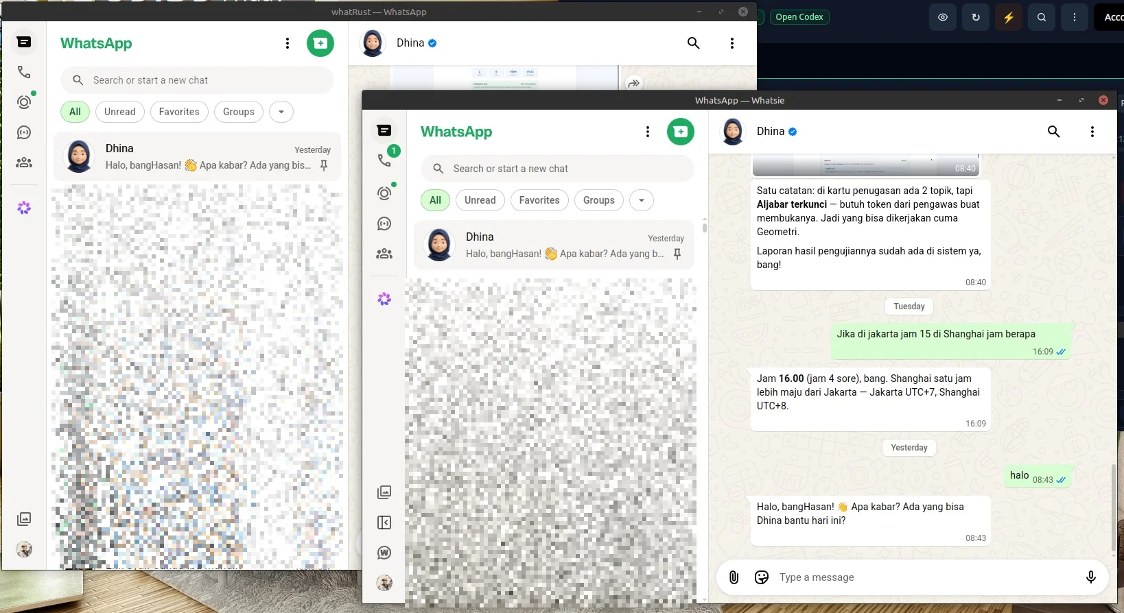 Perbandingan tampilan antarmuka whatRust dan Whatsie di Linux Mint